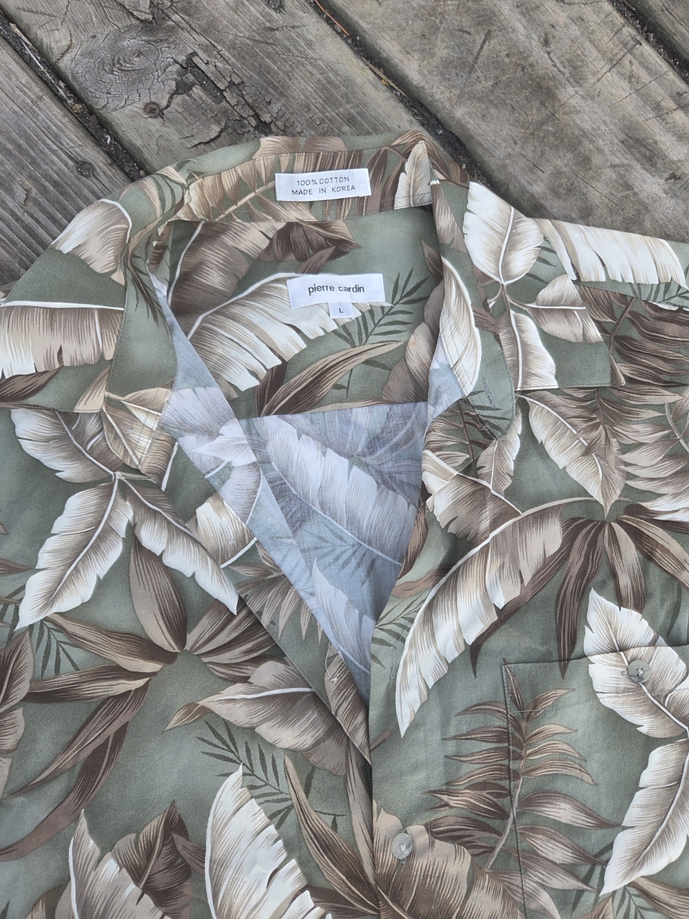 VINTAGE Pierre Cardin Shirt Mens Large Green Hawaiian Leaf 100% Cotton Button Up